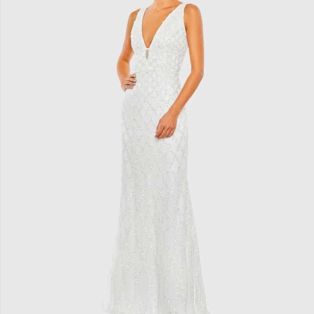 Mac Duggal White Beaded V-Neck Evening Gown